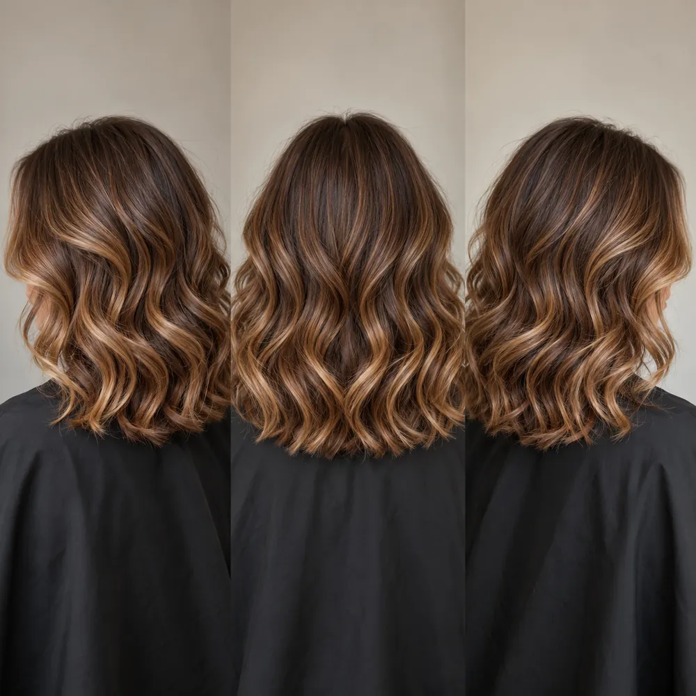 Inspiration look: caramel toffee colour on soft curls, three views