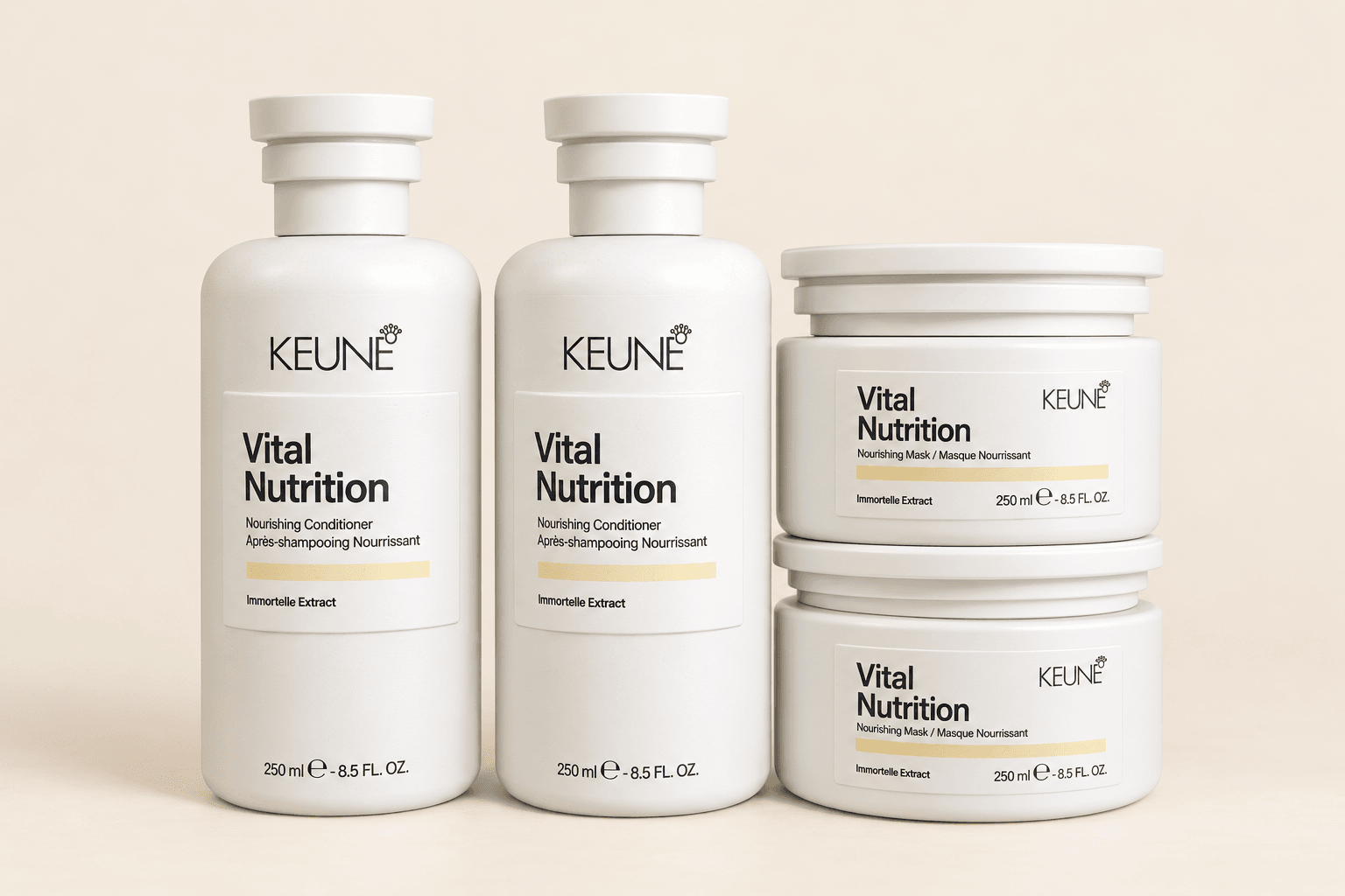 Keune Vital Nutrition conditioner bottles and nourishing hair masks.