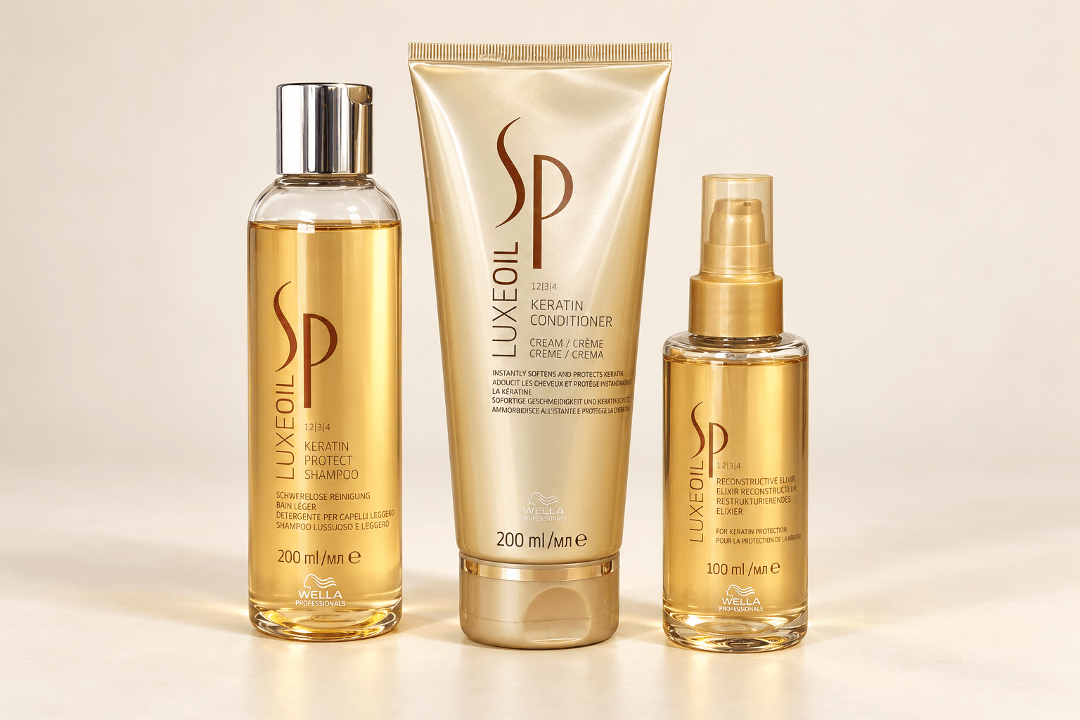 Wella SP LuxeOil shampoo, keratin conditioner and reconstructive elixir.