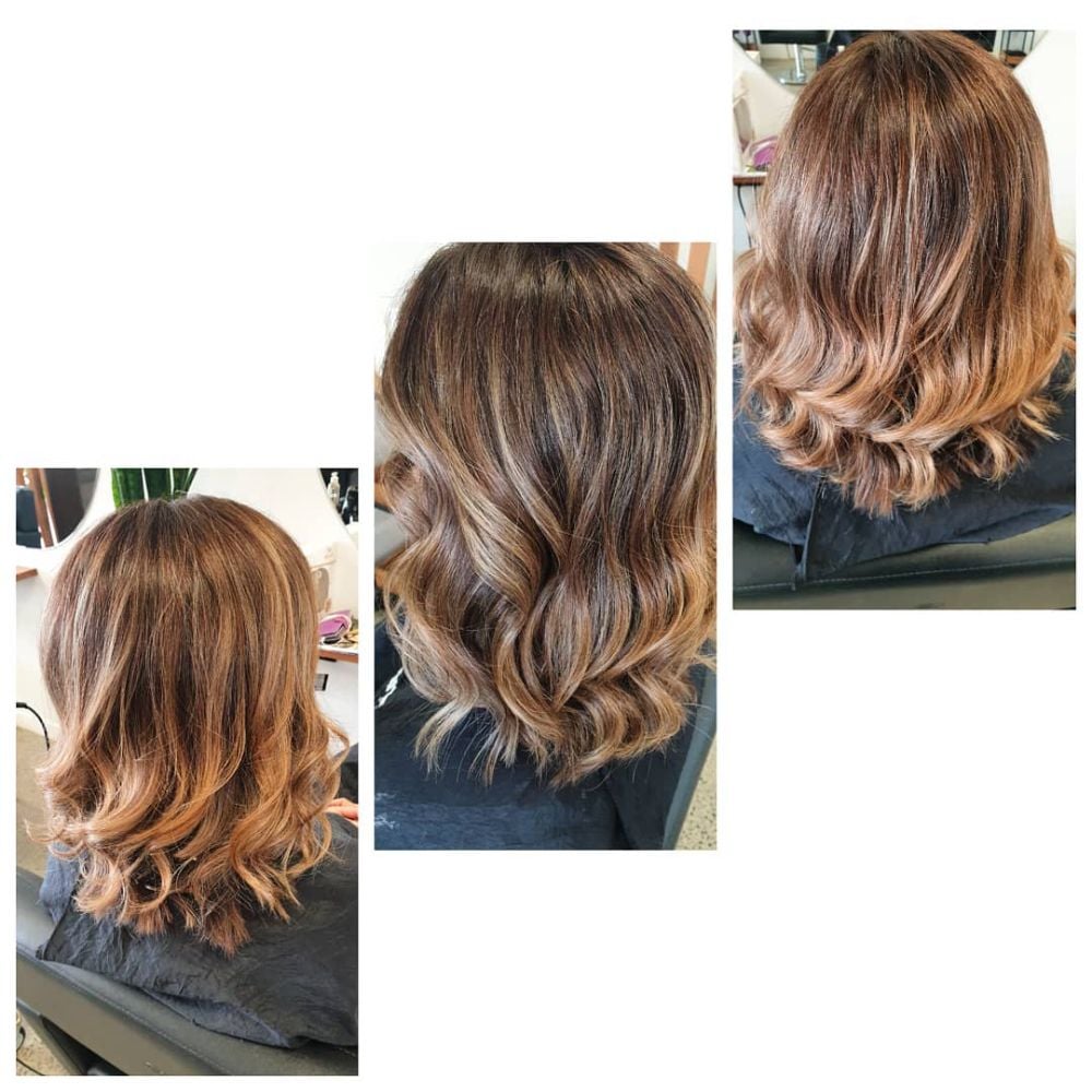 Three photos of caramel toffee balayage on shoulder-length curls.