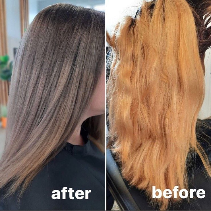 After and before of a colour correction: copper lengths taken to a soft ash brown.