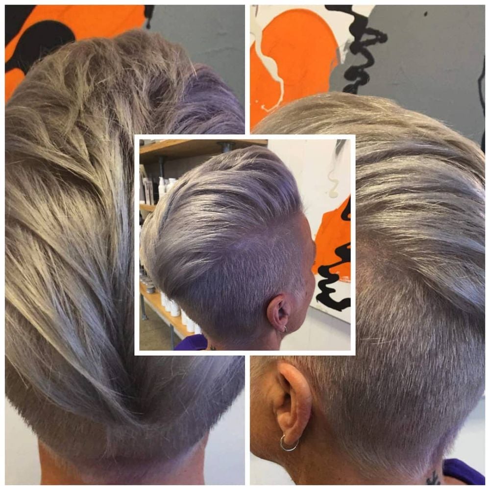 A silver lilac toner on a short undercut crop, three angles.